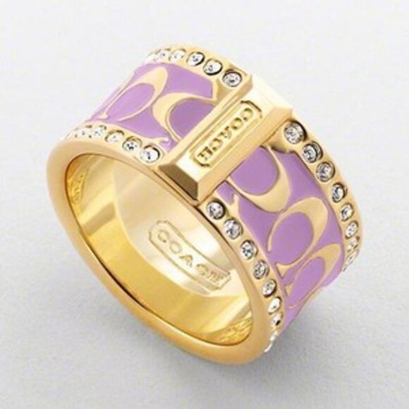 Coach Lavender Holiday Pave Crystal Band Signature Ring Size 8 - Picture 1 of 5
